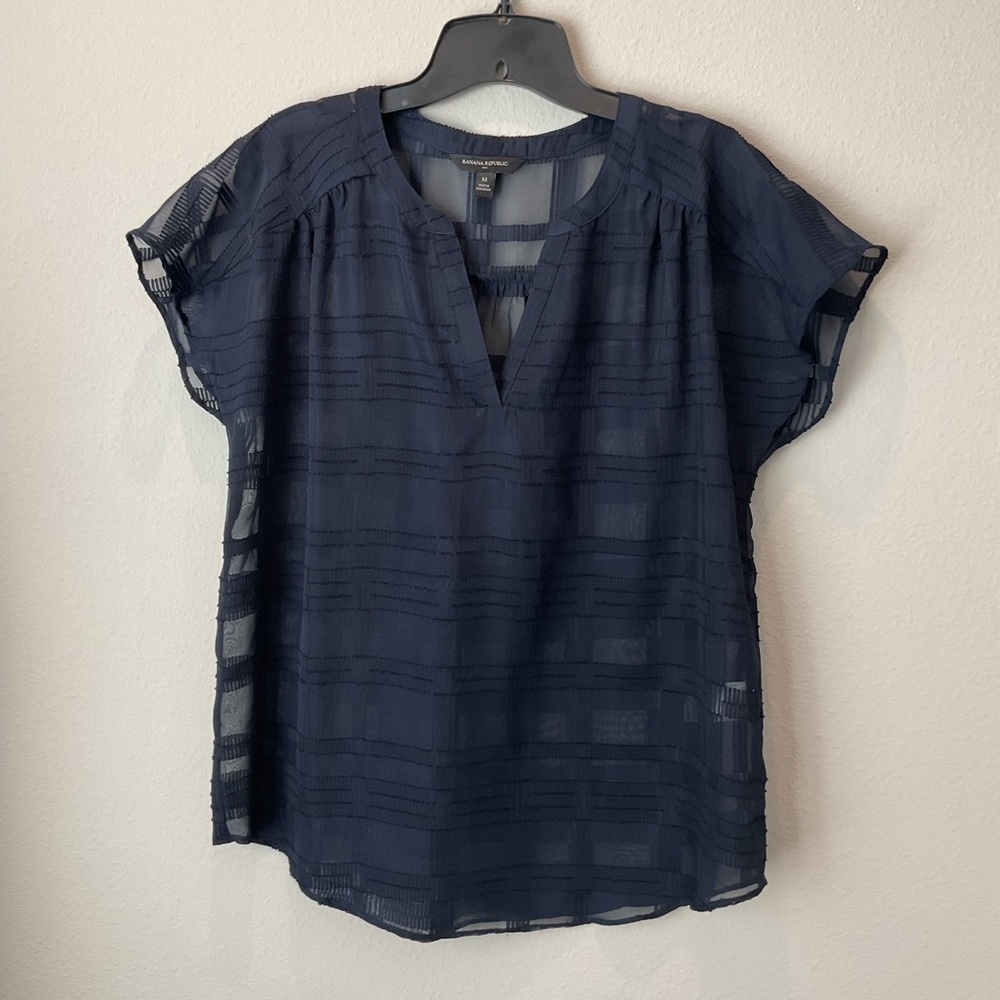 Banana Republic Navy Blue Sheer Geometric Striped Blouse Size M